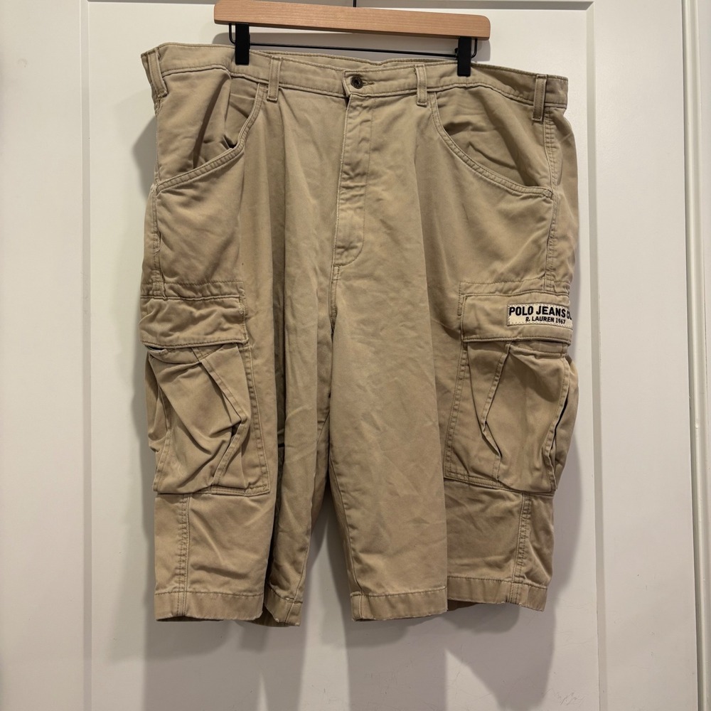 Polo Jeans Co Ralph Lauren Mens Khaki Tan Freighter Cargo Shorts Size 42 5896YFS